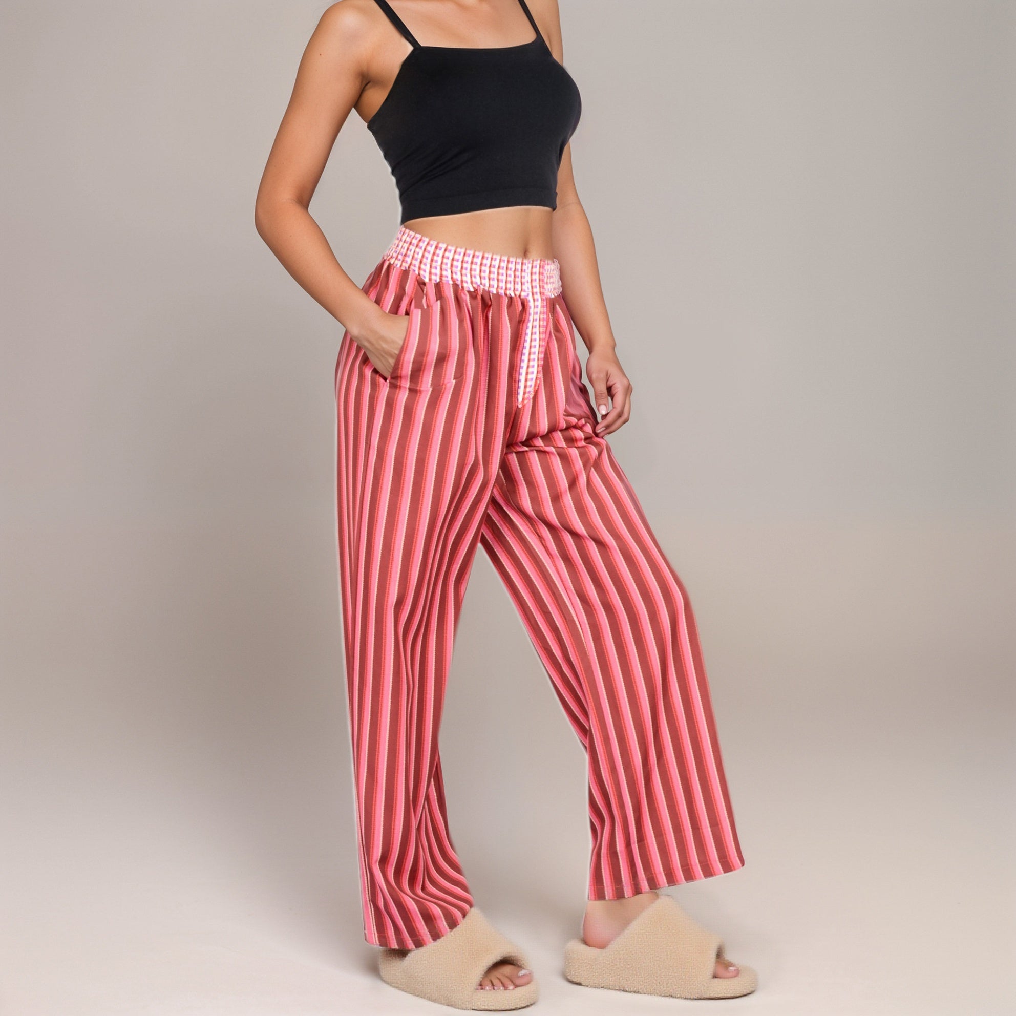 Anna-Kaci Women's Red Vertical Stripe Wide Leg Pants with Smocked Waistband Contrast Plaid Detail and Relaxed Full-Length Fit