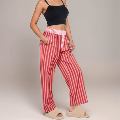 Anna-Kaci Women's Red Vertical Stripe Wide Leg Pants with Smocked Waistband Contrast Plaid Detail and Relaxed Full-Length Fit