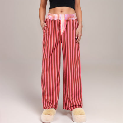 Anna-Kaci Women's Red Vertical Stripe Wide Leg Pants with Smocked Waistband Contrast Plaid Detail and Relaxed Full-Length Fit