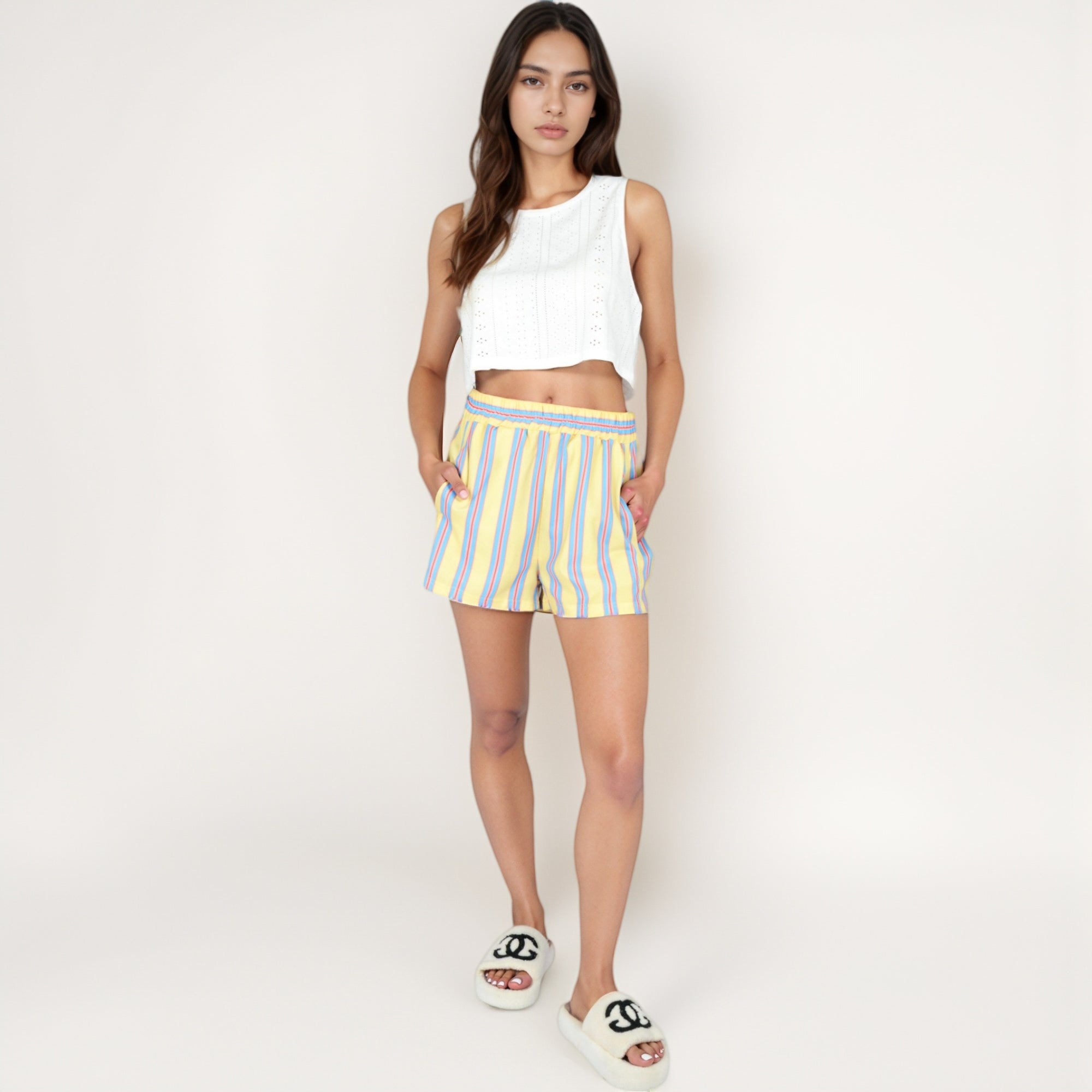 Anna-Kaci Women's Striped Elastic Waist Lounge Shorts with Relaxed Fit and Side Pockets
