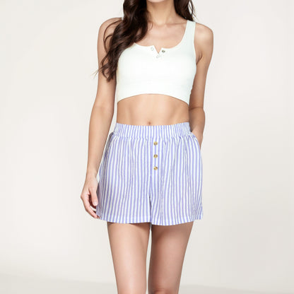 Anna-Kaci Women's Seersucker Stripe Lounge Shorts with Elastic Waistband and Decorative Button Front