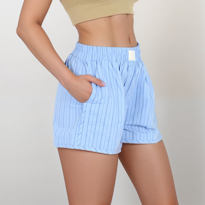 Anna-Kaci Women's Vertical Stripe Lounge Shorts with Elastic Waistband Faux Fly Front and Relaxed Fit Side Pockets