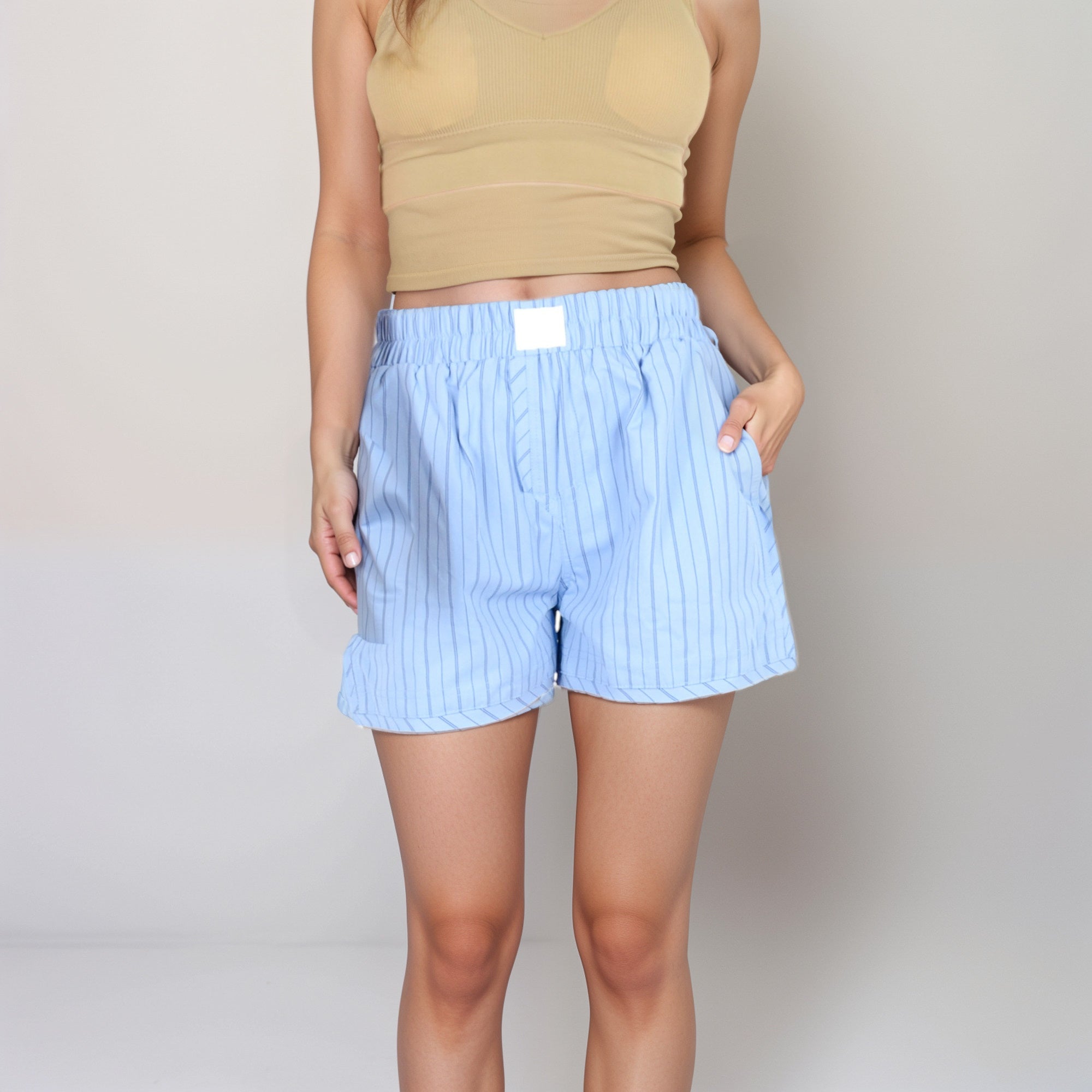 Anna-Kaci Women's Vertical Stripe Lounge Shorts with Elastic Waistband Faux Fly Front and Relaxed Fit Side Pockets