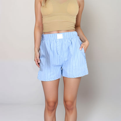 Anna-Kaci Women's Vertical Stripe Lounge Shorts with Elastic Waistband Faux Fly Front and Relaxed Fit Side Pockets
