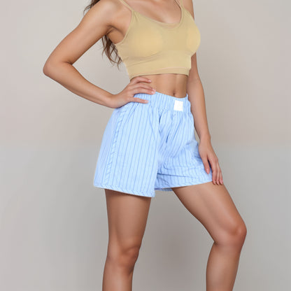 Anna-Kaci Women's Vertical Stripe Lounge Shorts with Elastic Waistband Faux Fly Front and Relaxed Fit Side Pockets