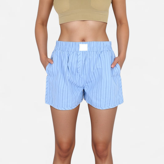 Anna-Kaci Women's Vertical Stripe Lounge Shorts with Elastic Waistband Faux Fly Front and Relaxed Fit Side Pockets