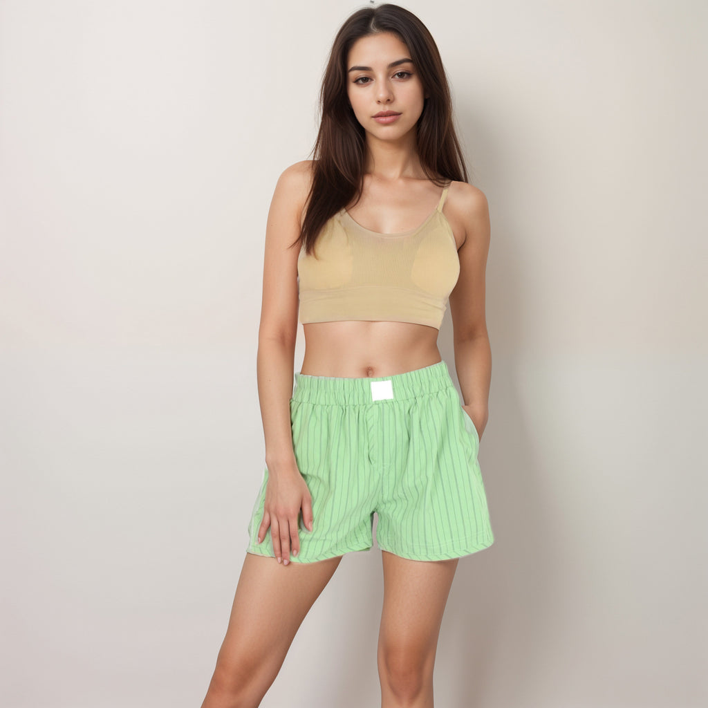 Anna-Kaci Women's Vertical Stripe Lounge Shorts with Elastic Waistband Faux Fly Front and Relaxed Fit Side Pockets