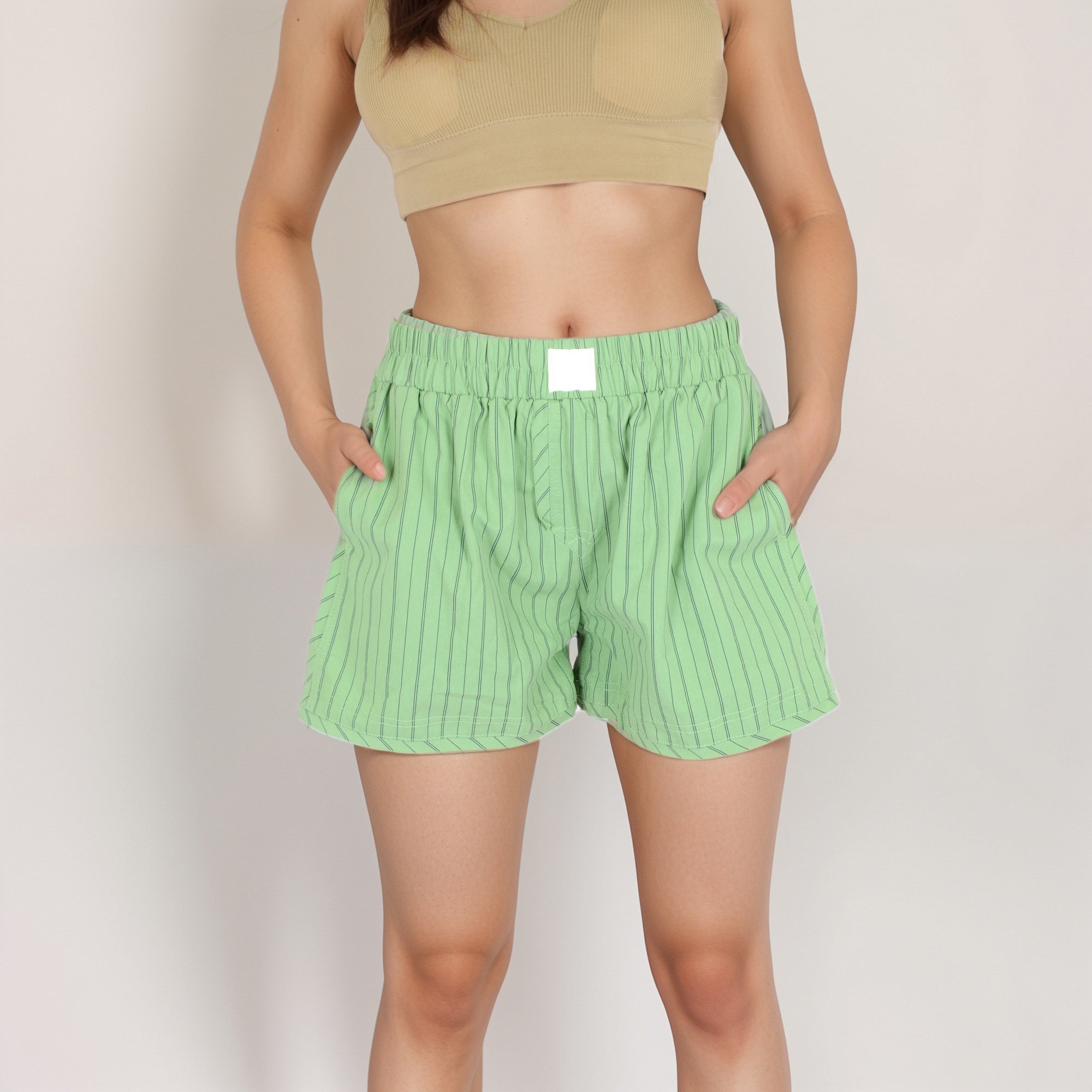 Anna-Kaci Women's Vertical Stripe Lounge Shorts with Elastic Waistband Faux Fly Front and Relaxed Fit Side Pockets