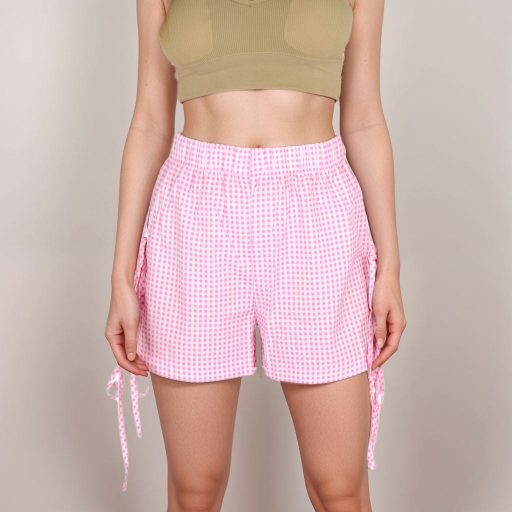 Anna-Kaci Women's Gingham Lounge Shorts with Elastic Waistband Adjustable Side Tie Details and Relaxed Casual Fit