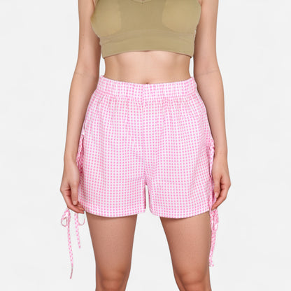 Anna-Kaci Women's Gingham Lounge Shorts with Elastic Waistband Adjustable Side Tie Details and Relaxed Casual Fit