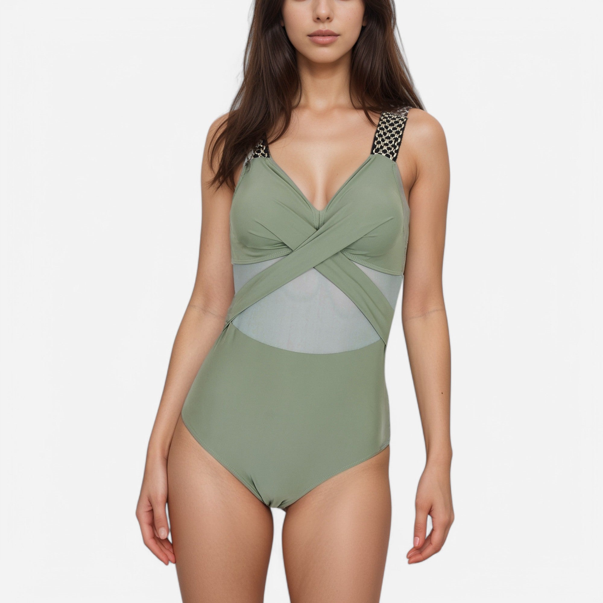 Anna-Kaci Swim Women's One Piece Swimsuit with Mesh Midsection Crisscross Front and Braided Detail Straps