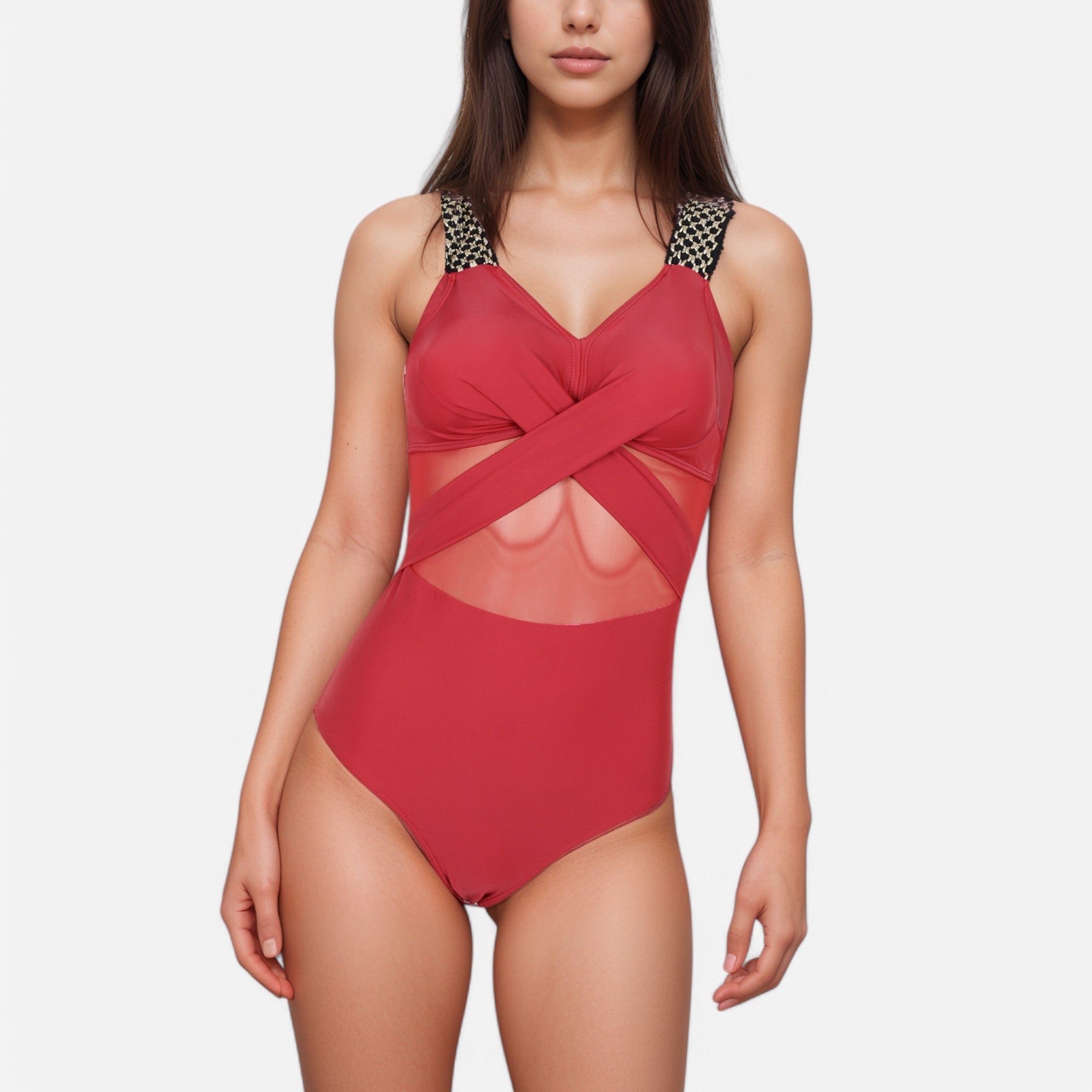 Anna-Kaci Swim Women's One Piece Swimsuit with Mesh Midsection Crisscross Front and Braided Detail Straps