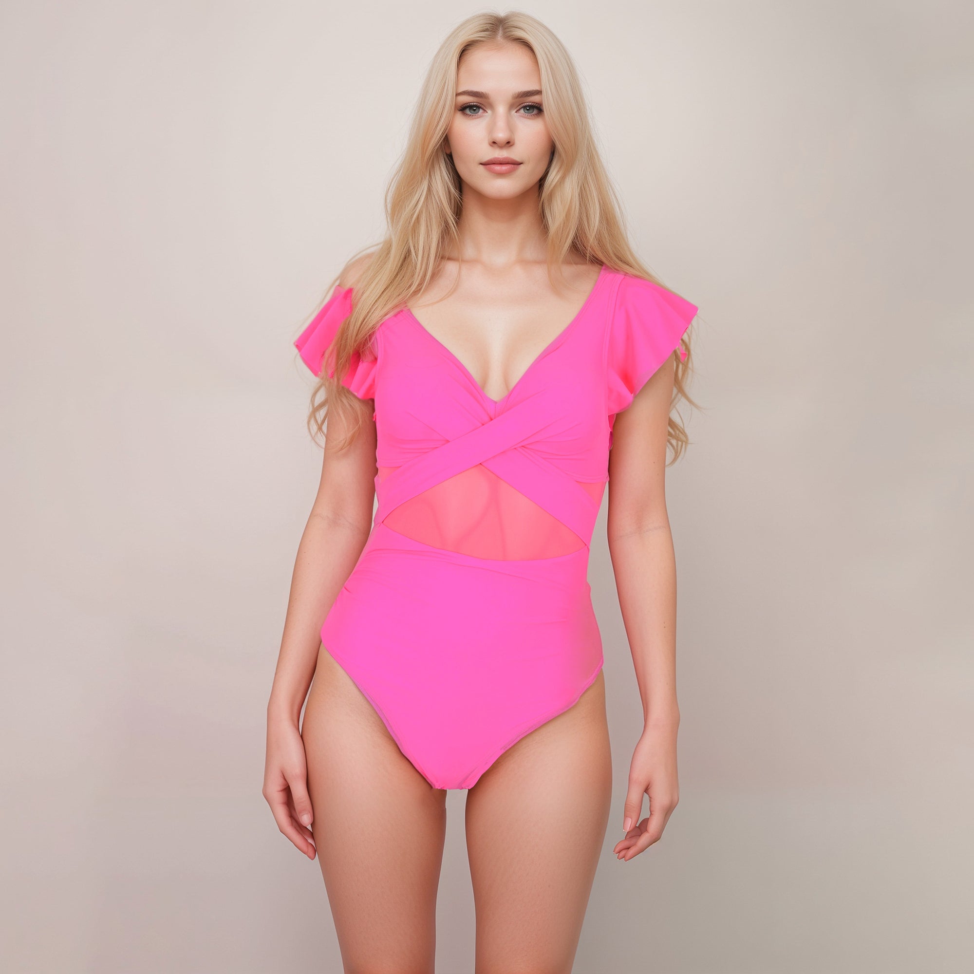 Anna-Kaci Swim Women's Flutter Sleeve One Piece Swimsuit with Crisscross Mesh Panel Detail and Deep V-Neckline