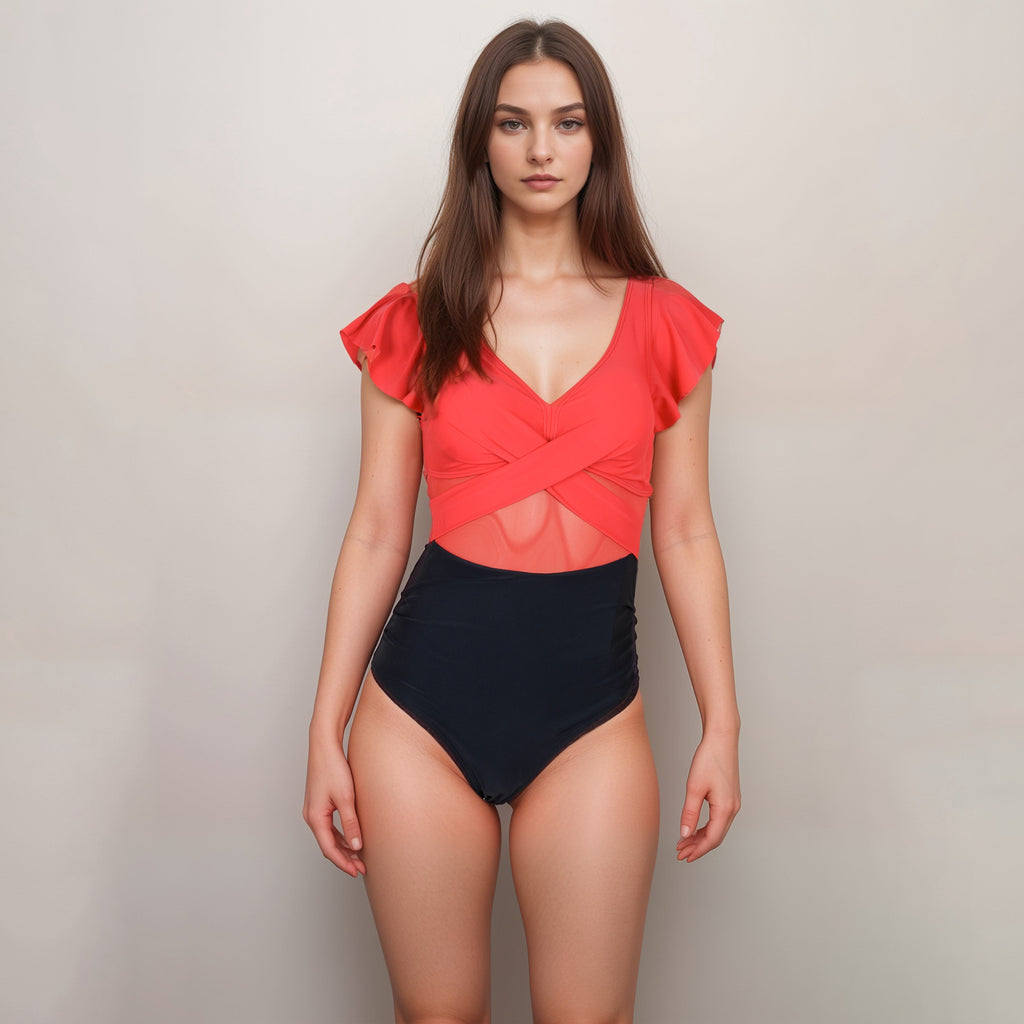 Anna-Kaci Swim Women's Flutter Sleeve One Piece Swimsuit with Crisscross Mesh Panel Detail and Deep V-Neckline