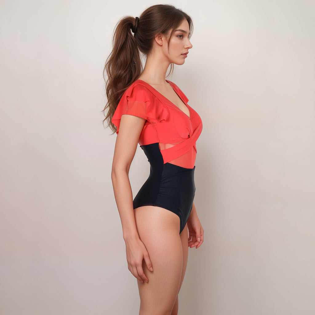 Anna-Kaci Swim Women's Flutter Sleeve One Piece Swimsuit with Crisscross Mesh Panel Detail and Deep V-Neckline