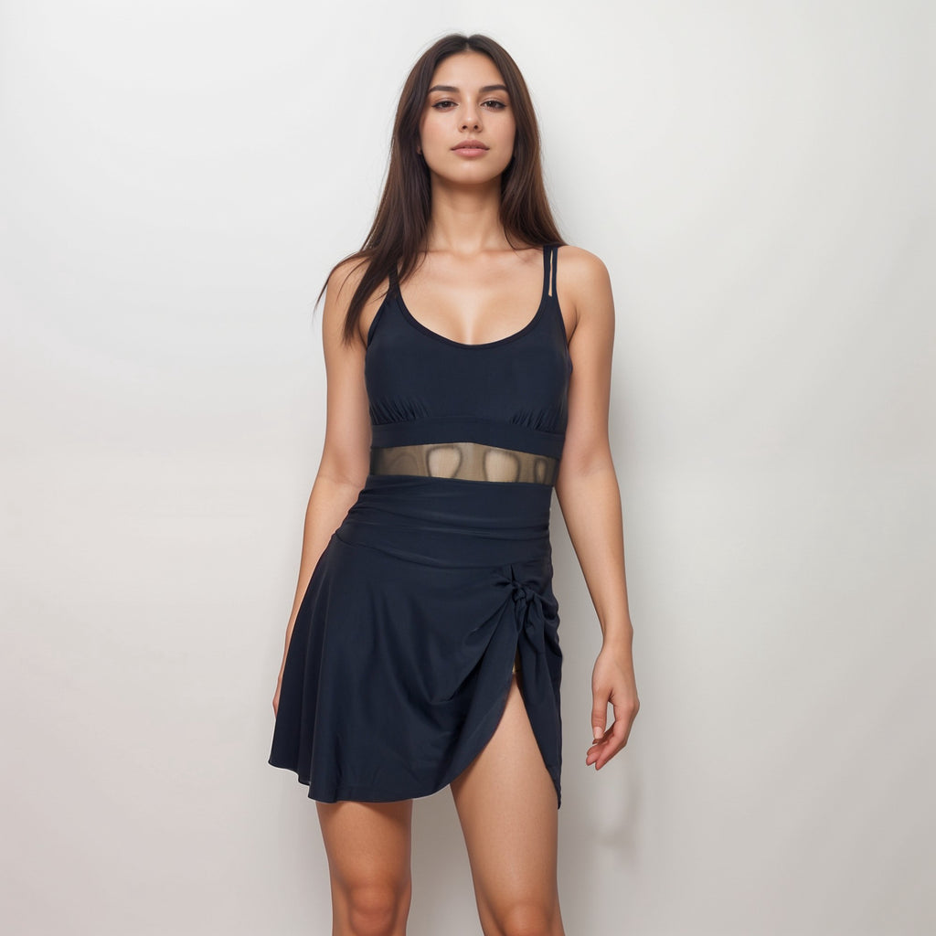 Anna-Kaci Swim Women's Mesh Panel One Piece Swimsuit with Adjustable Spaghetti Straps and Side Tie Swim Skirt