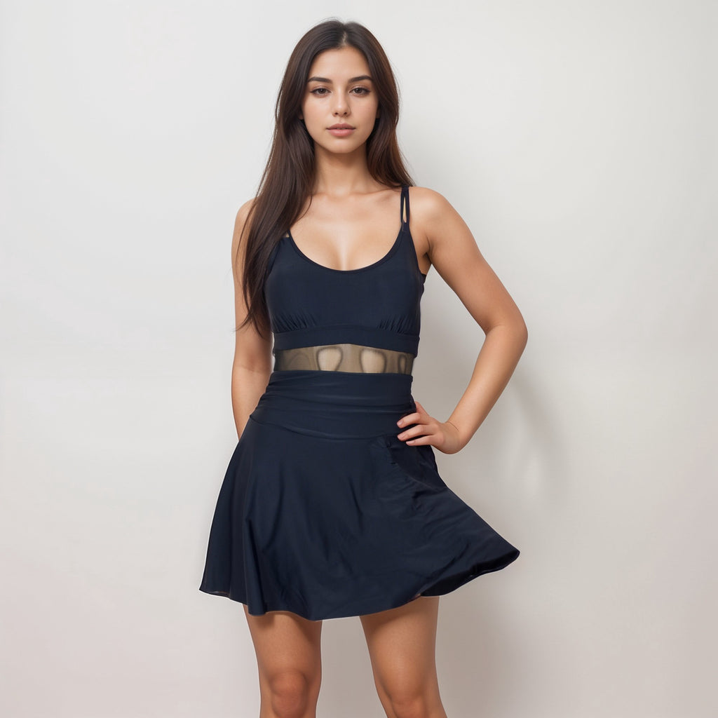 Anna-Kaci Swim Women's Mesh Panel One Piece Swimsuit with Adjustable Spaghetti Straps and Side Tie Swim Skirt