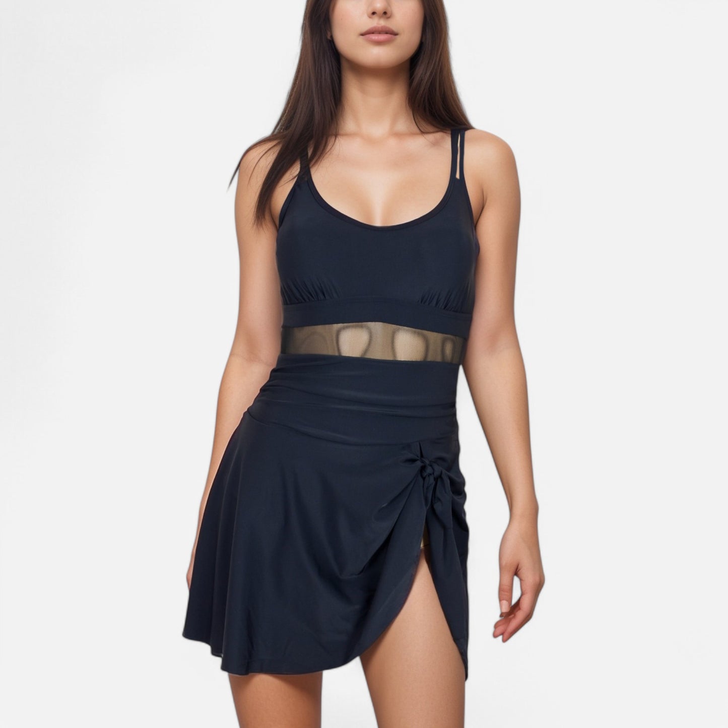 Anna-Kaci Swim Women's Mesh Panel One Piece Swimsuit with Adjustable Spaghetti Straps and Side Tie Swim Skirt
