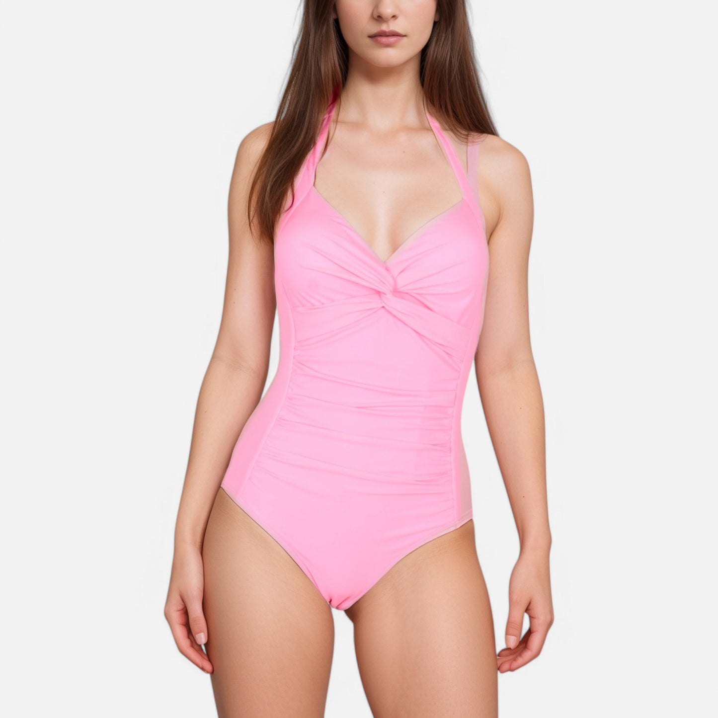 Anna-Kaci Swim Women's Twist Front One Piece Swimsuit with Halter Neckline and Ruched Tummy Control Detail