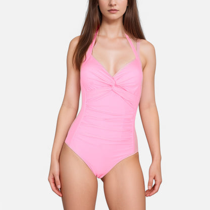 Anna-Kaci Swim Women's Twist Front One Piece Swimsuit with Halter Neckline and Ruched Tummy Control Detail