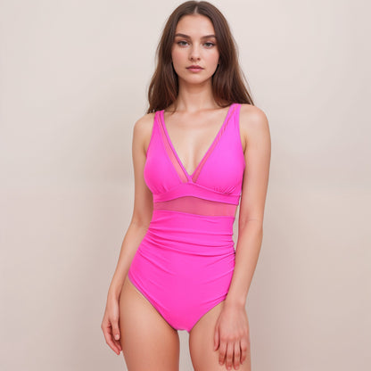 Anna-Kaci Swim Women's Deep V One Piece Swimsuit with Mesh Waist Panel and Ruched Tummy Control Design