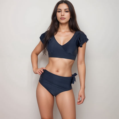Anna-Kaci Swim Women's Two Piece Bikini Set with Flutter Sleeve Top and High Waist Ruched Bottoms