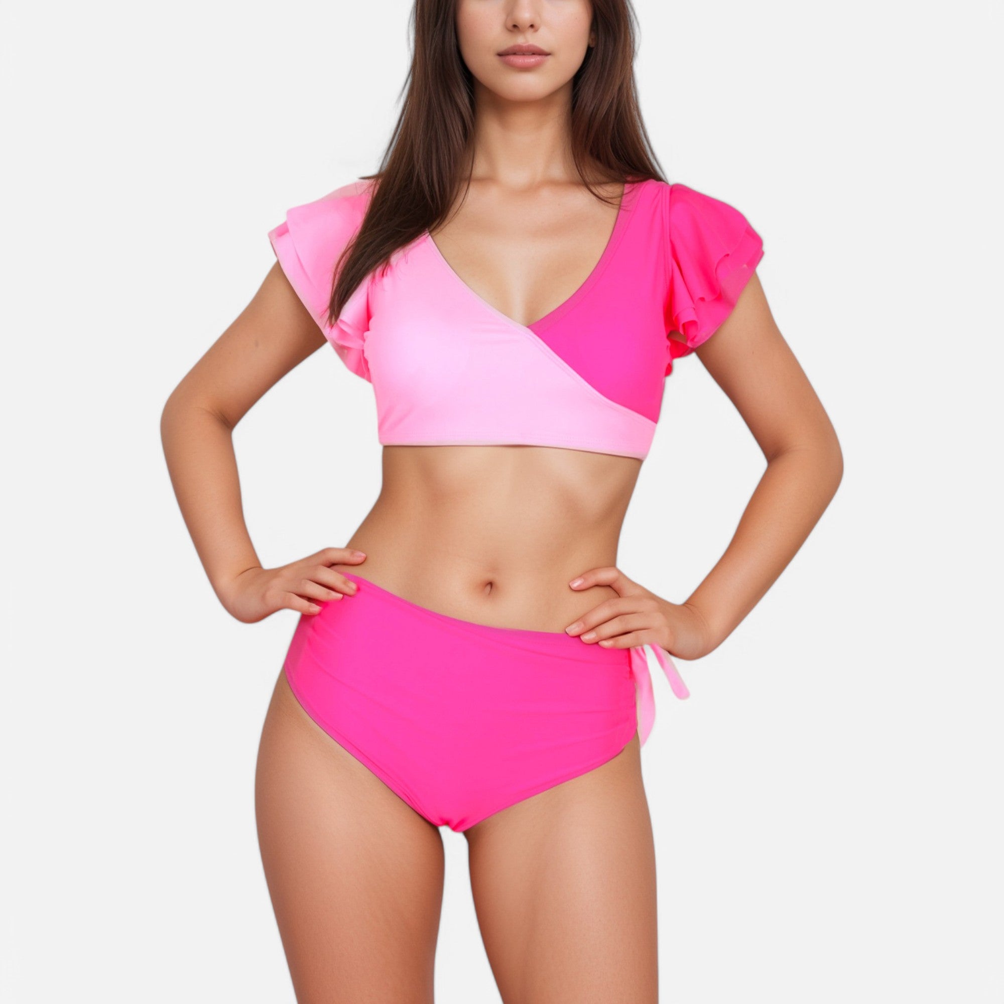 Anna-Kaci Swim Women's Two Piece Bikini Set with Flutter Sleeve Top and High Waist Ruched Bottoms