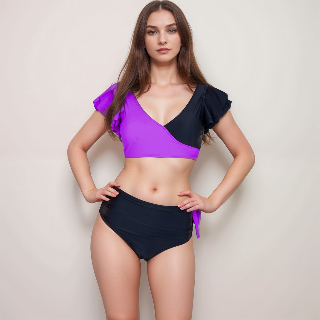 Anna-Kaci Swim Women's Two Piece Bikini Set with Flutter Sleeve Top and High Waist Ruched Bottoms
