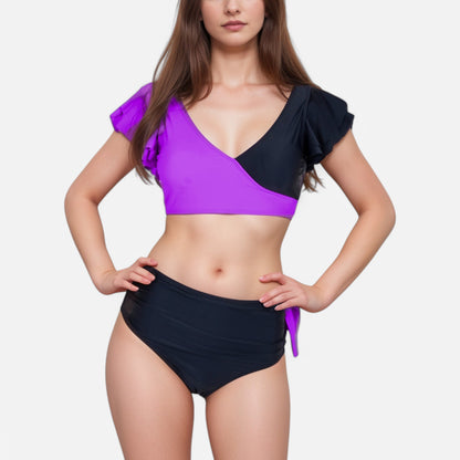 Anna-Kaci Swim Women's Two Piece Bikini Set with Flutter Sleeve Top and High Waist Ruched Bottoms