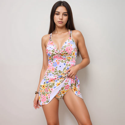 Anna-Kaci Swim Women's Floral Print One Piece Swim Dress with Ruched Bust and Adjustable Side Tie Skirt Overlay