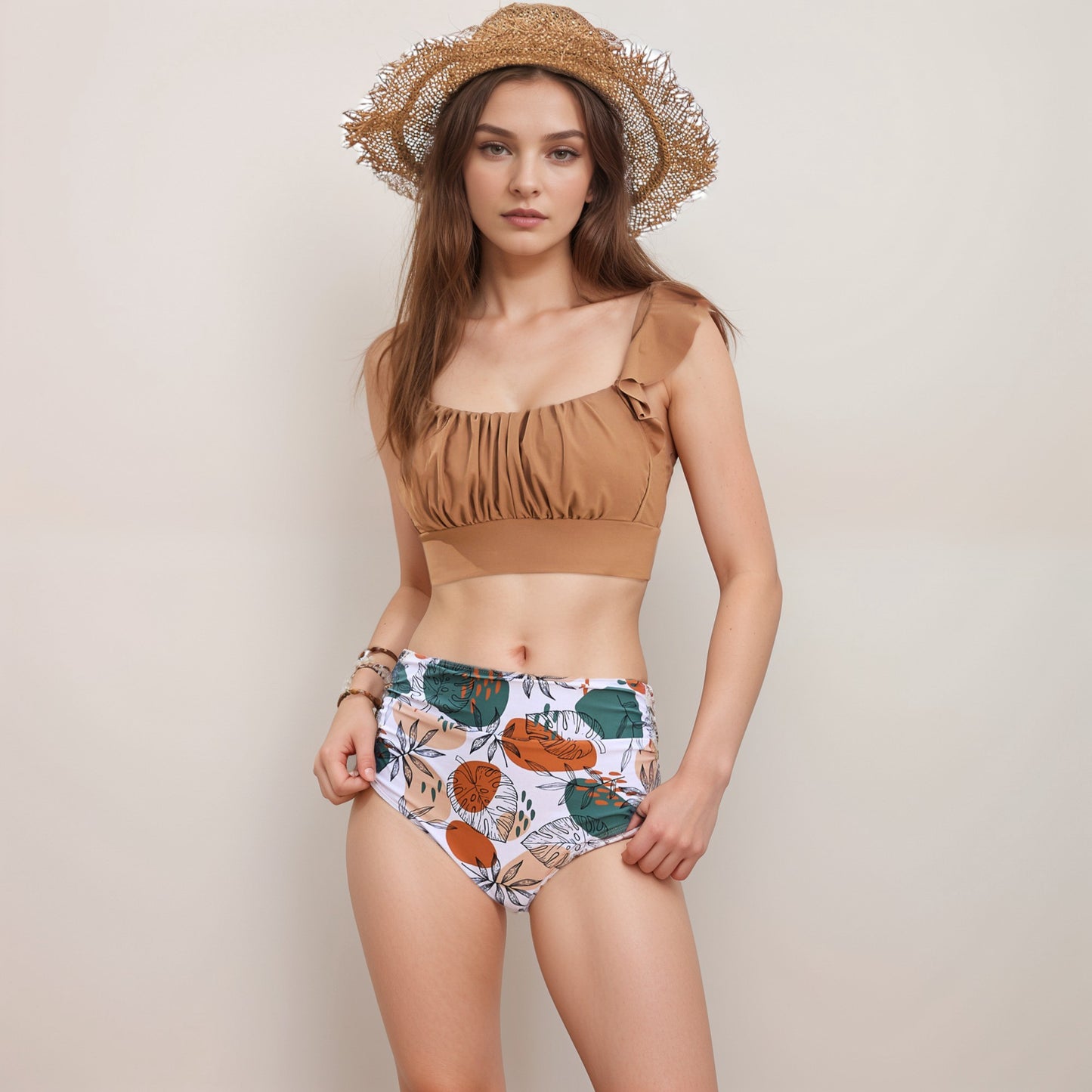 Anna-Kaci Swim Women's Ruffle Bikini Top with Ruched Bust Detail and High Waist Leaf Print Bottom Swimsuit Set