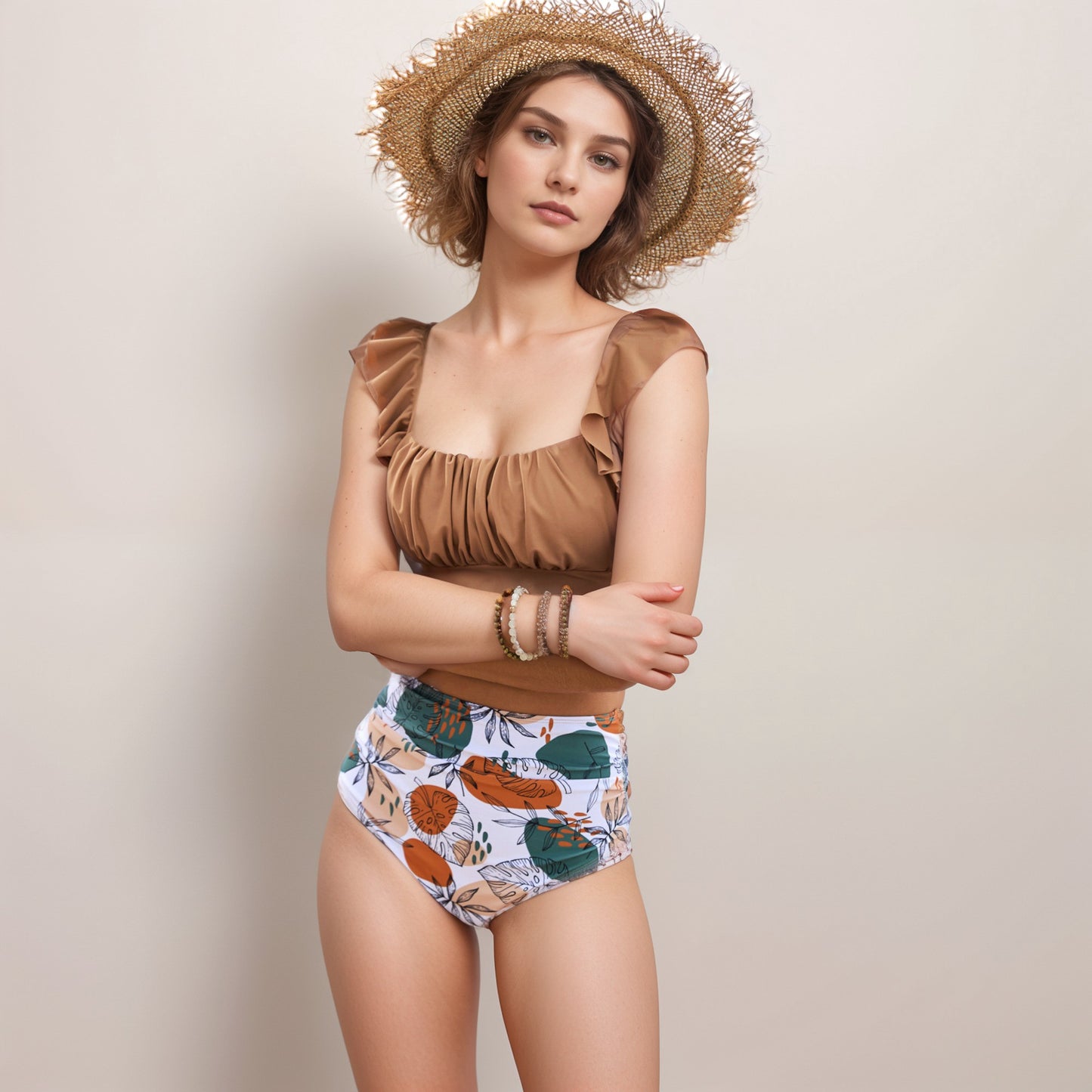 Anna-Kaci Swim Women's Ruffle Bikini Top with Ruched Bust Detail and High Waist Leaf Print Bottom Swimsuit Set