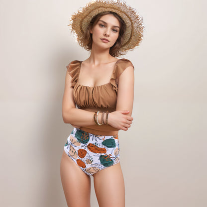 Anna-Kaci Swim Women's Ruffle Bikini Top with Ruched Bust Detail and High Waist Leaf Print Bottom Swimsuit Set