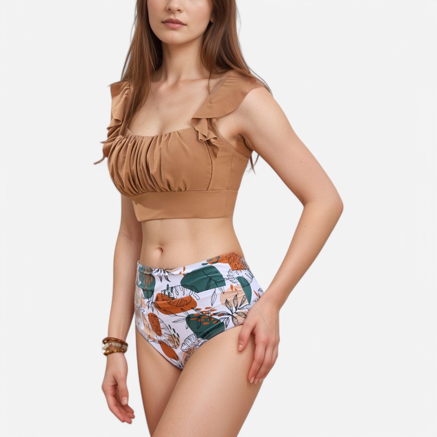 Anna-Kaci Swim Women's Ruffle Bikini Top with Ruched Bust Detail and High Waist Leaf Print Bottom Swimsuit Set