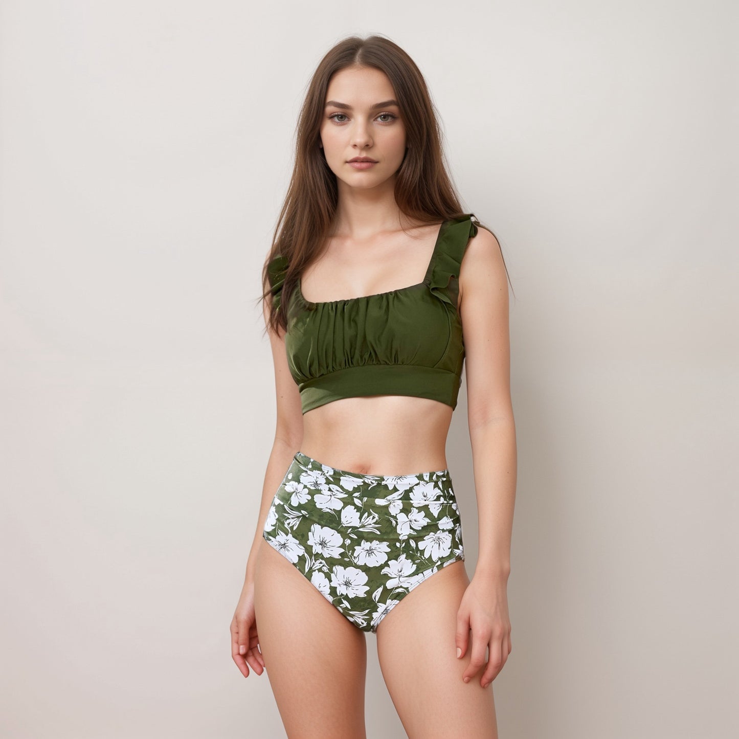 Anna-Kaci Swim Women's Ruffle Bikini Top with Ruched Bust Detail and High Waist Leaf Print Bottom Swimsuit Set