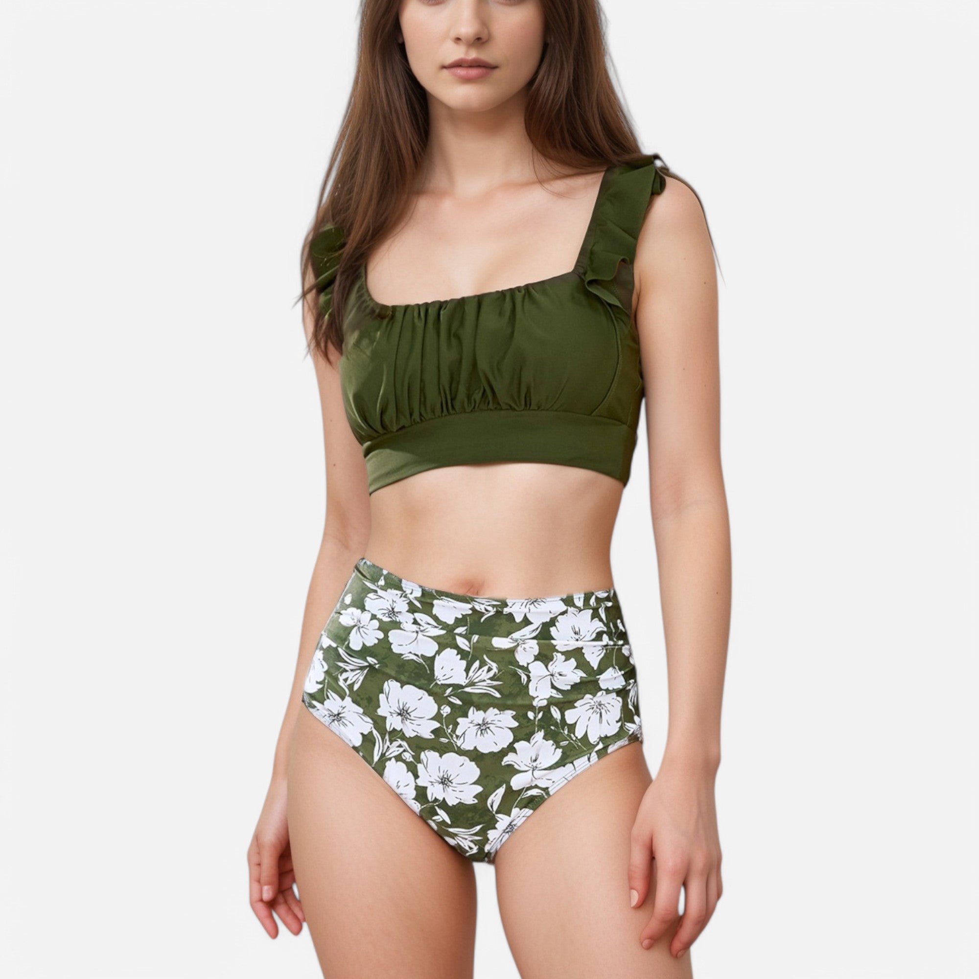 Anna-Kaci Swim Women's Ruffle Bikini Top with Ruched Bust Detail and High Waist Leaf Print Bottom Swimsuit Set