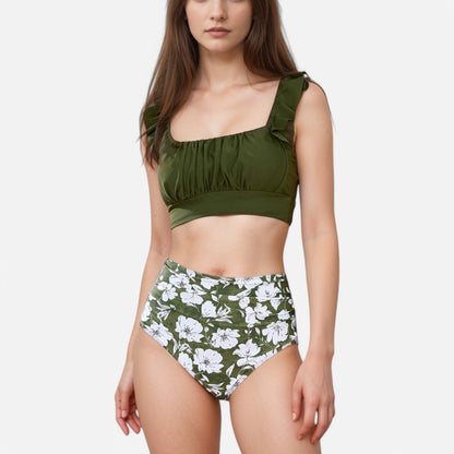 Anna-Kaci Swim Women's Ruffle Bikini Top with Ruched Bust Detail and High Waist Leaf Print Bottom Swimsuit Set