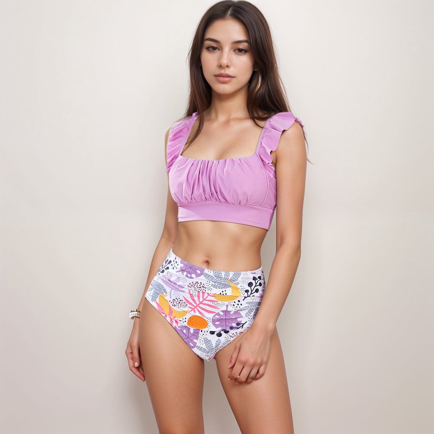Anna-Kaci Swim Women's Ruffle Bikini Top with Ruched Bust Detail and High Waist Leaf Print Bottom Swimsuit Set