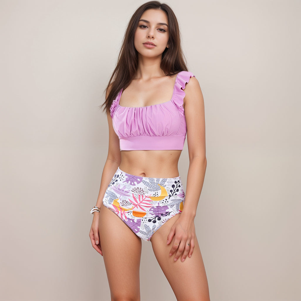 Anna-Kaci Swim Women's Ruffle Bikini Top with Ruched Bust Detail and High Waist Leaf Print Bottom Swimsuit Set