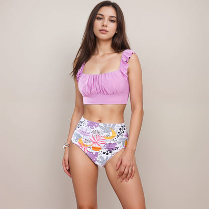 Anna-Kaci Swim Women's Ruffle Bikini Top with Ruched Bust Detail and High Waist Leaf Print Bottom Swimsuit Set