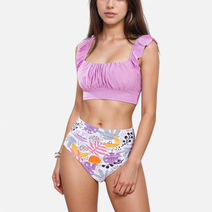Anna-Kaci Swim Women's Ruffle Bikini Top with Ruched Bust Detail and High Waist Leaf Print Bottom Swimsuit Set