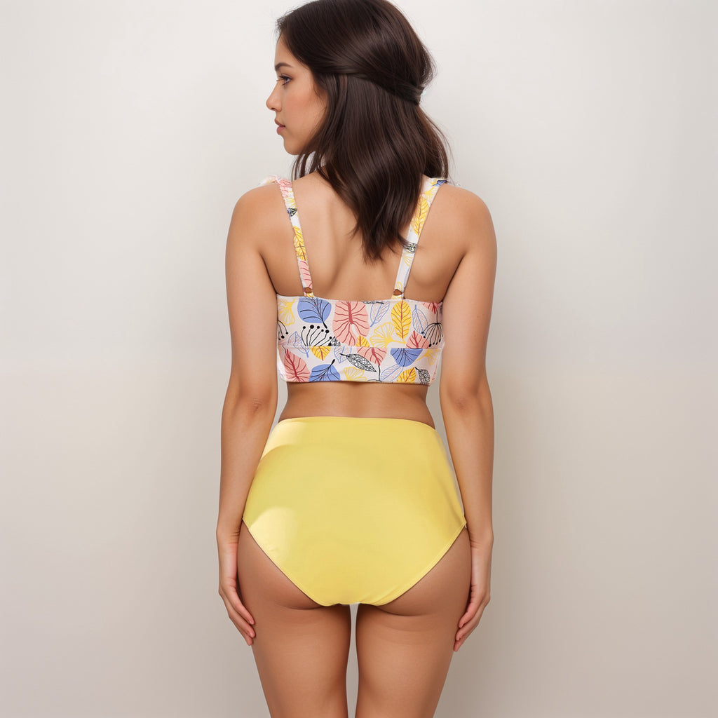 Anna-Kaci Swim Women's Ruffle Bikini Top with Ruched Bust Detail and High Waist Leaf Print Bottom Swimsuit Set