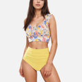Anna-Kaci Swim Women's Ruffle Bikini Top with Ruched Bust Detail and High Waist Leaf Print Bottom Swimsuit Set