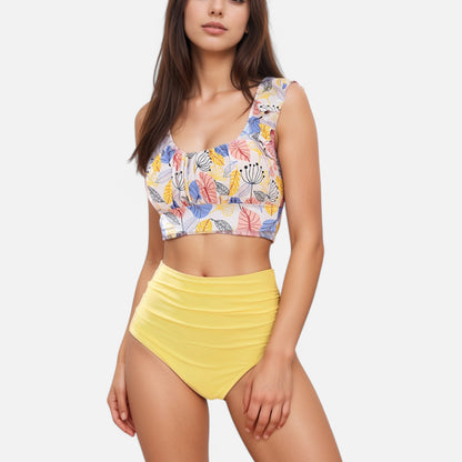 Anna-Kaci Swim Women's Ruffle Bikini Top with Ruched Bust Detail and High Waist Leaf Print Bottom Swimsuit Set