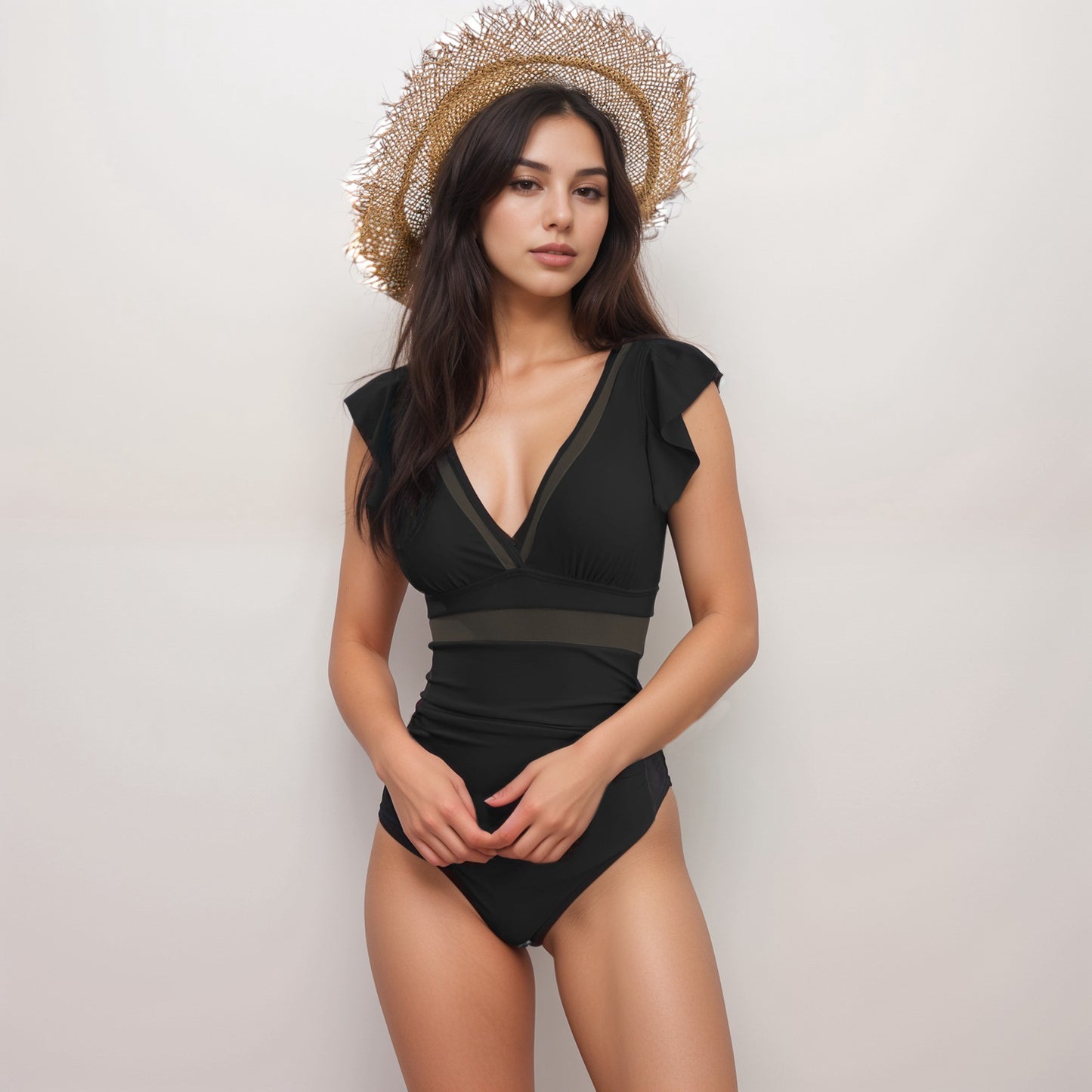 Anna-Kaci Swim Women's Ruffle Sleeve One Piece Swimsuit with Deep V-Neckline and Mesh Waist Detail