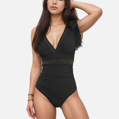 Anna-Kaci Swim Women's Ruffle Sleeve One Piece Swimsuit with Deep V-Neckline and Mesh Waist Detail