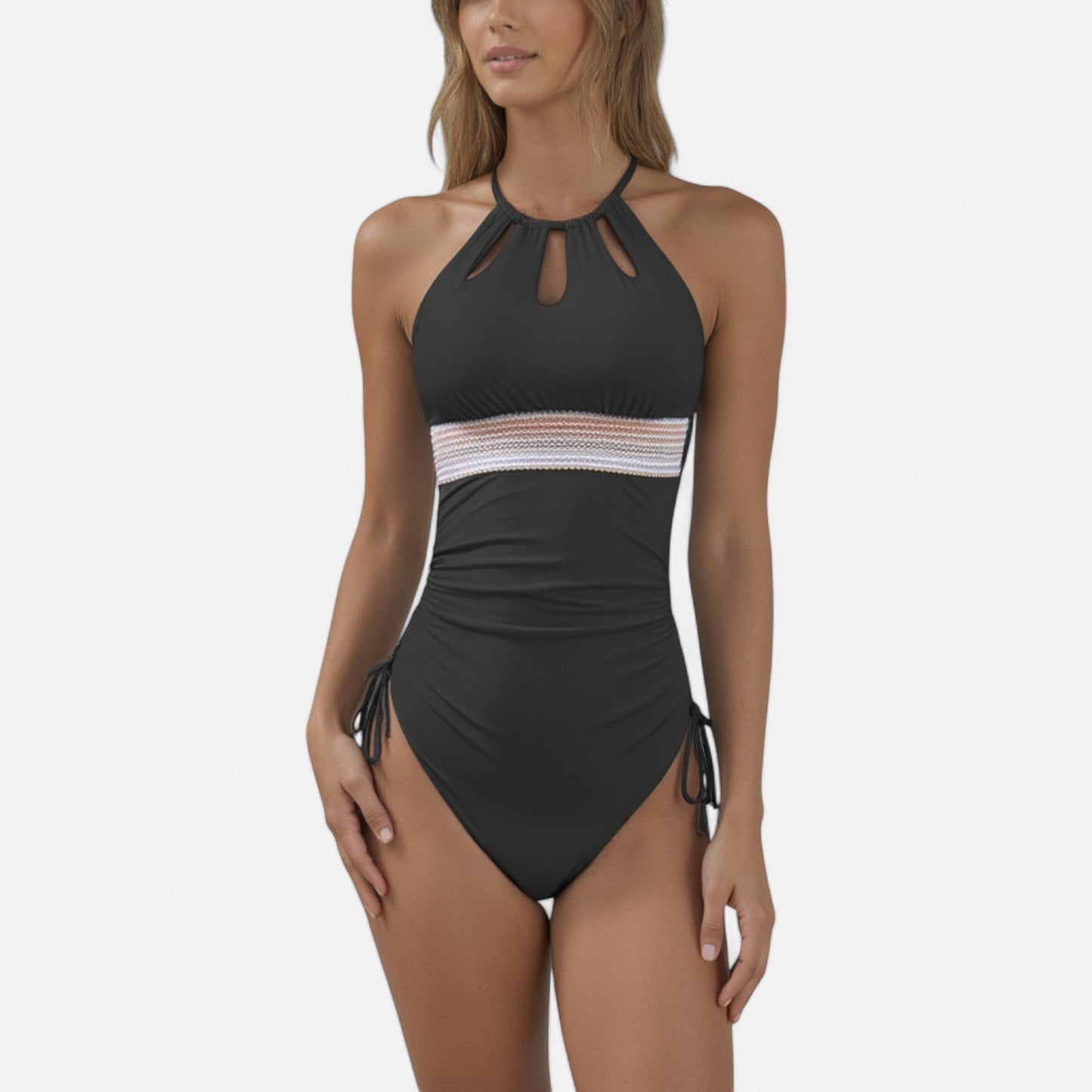 Anna-Kaci Swim Women's High Neck One Piece Swimsuit with Keyhole Front Detail and Ruched Side Drawstrings