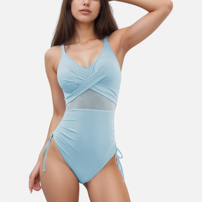 Anna-Kaci Swim Women's One Piece Swimsuit with Mesh Waistband Crossover Bodice and Adjustable Side Drawstring Ties
