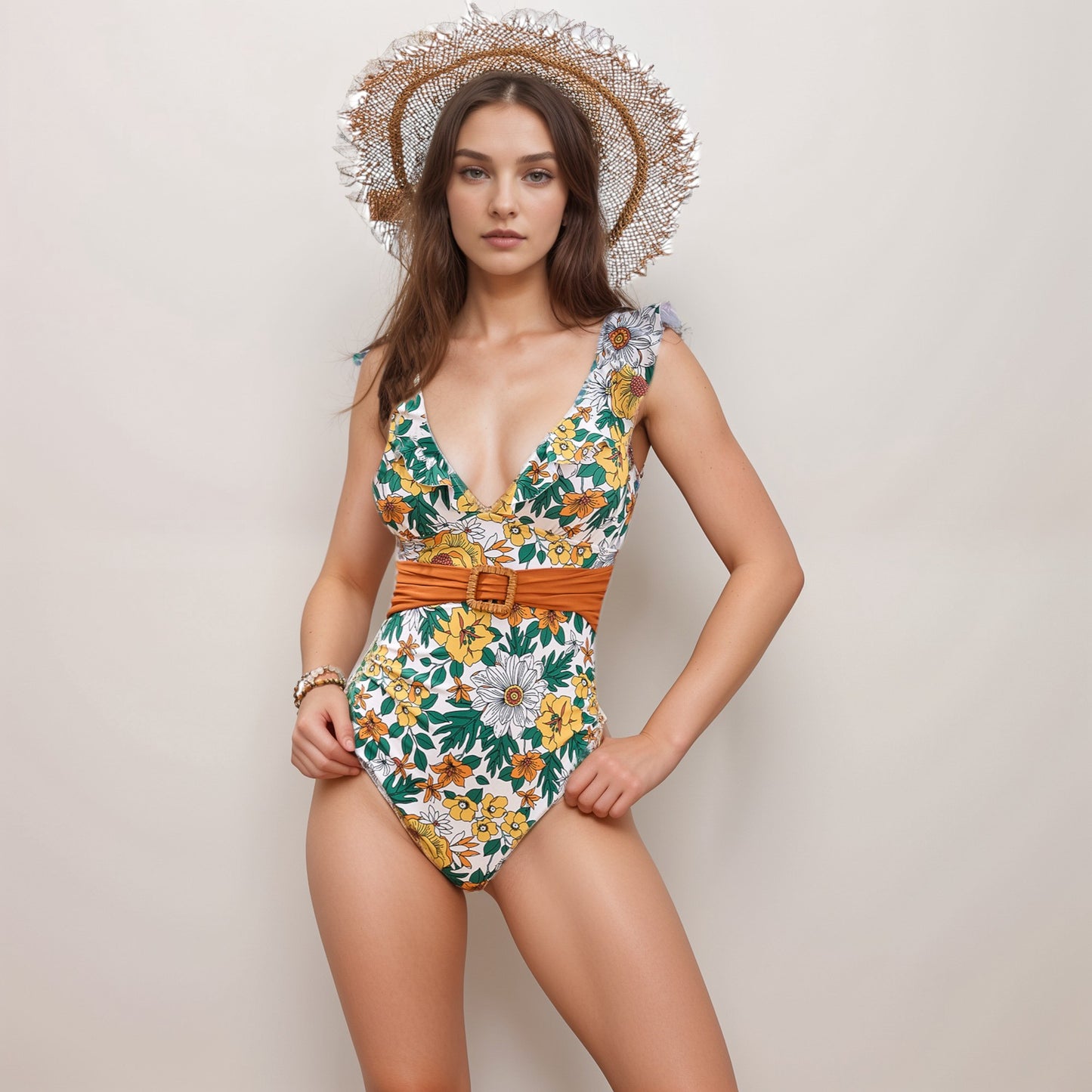 Anna-Kaci Swim Women's One Piece Swimsuit with Floral Print Ruffle Straps Belted Waist and Deep V Neckline