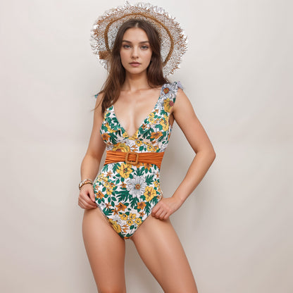 Anna-Kaci Swim Women's One Piece Swimsuit with Floral Print Ruffle Straps Belted Waist and Deep V Neckline